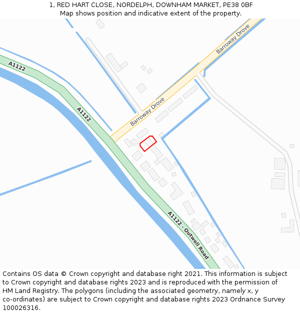 1, RED HART CLOSE, NORDELPH, DOWNHAM MARKET, PE38 0BF: Location map and indicative extent of plot