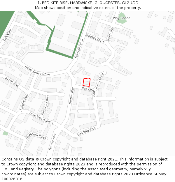 1, RED KITE RISE, HARDWICKE, GLOUCESTER, GL2 4DD: Location map and indicative extent of plot