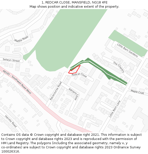 1, REDCAR CLOSE, MANSFIELD, NG18 4FE: Location map and indicative extent of plot
