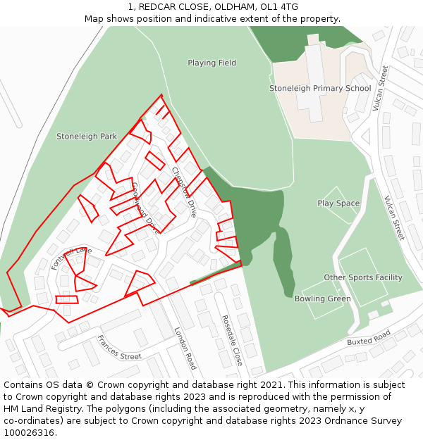 1, REDCAR CLOSE, OLDHAM, OL1 4TG: Location map and indicative extent of plot