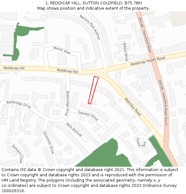 1, REDDICAP HILL, SUTTON COLDFIELD, B75 7BH: Location map and indicative extent of plot