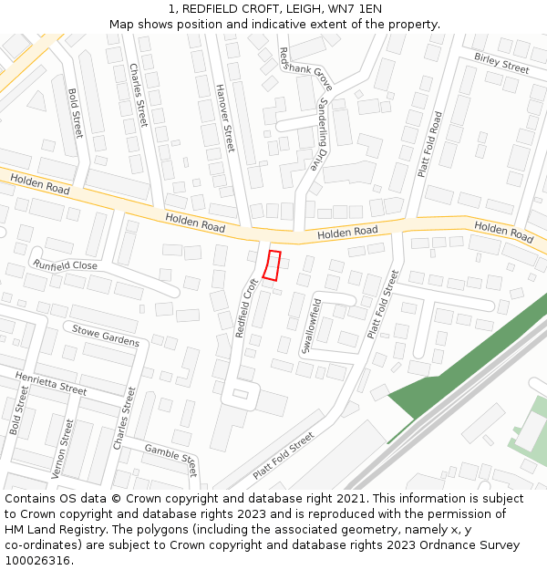 1, REDFIELD CROFT, LEIGH, WN7 1EN: Location map and indicative extent of plot