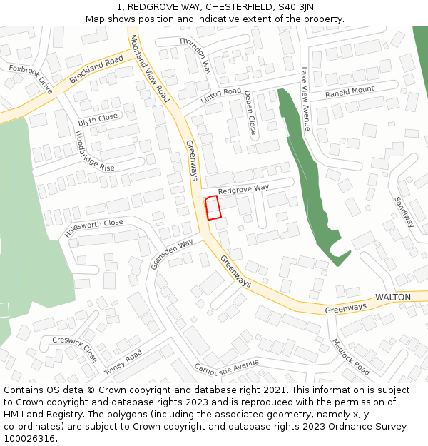 1, REDGROVE WAY, CHESTERFIELD, S40 3JN: Location map and indicative extent of plot