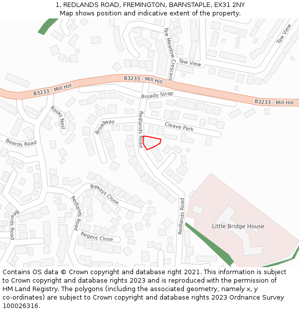 1, REDLANDS ROAD, FREMINGTON, BARNSTAPLE, EX31 2NY: Location map and indicative extent of plot