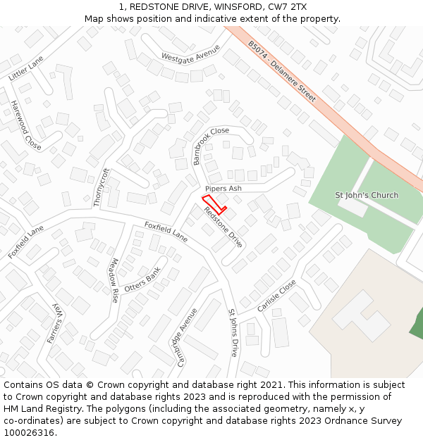 1, REDSTONE DRIVE, WINSFORD, CW7 2TX: Location map and indicative extent of plot