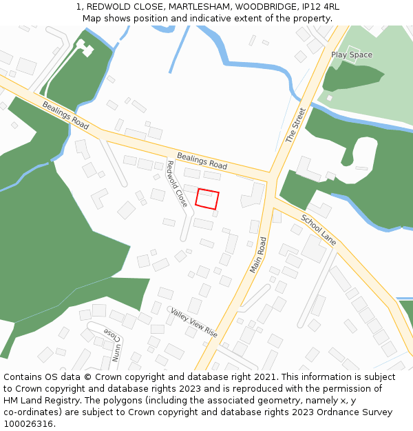 1, REDWOLD CLOSE, MARTLESHAM, WOODBRIDGE, IP12 4RL: Location map and indicative extent of plot