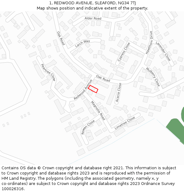 1, REDWOOD AVENUE, SLEAFORD, NG34 7TJ: Location map and indicative extent of plot