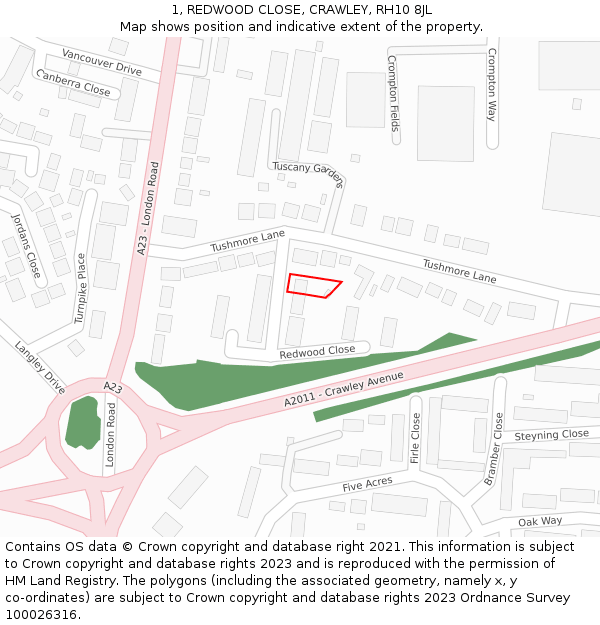 1, REDWOOD CLOSE, CRAWLEY, RH10 8JL: Location map and indicative extent of plot