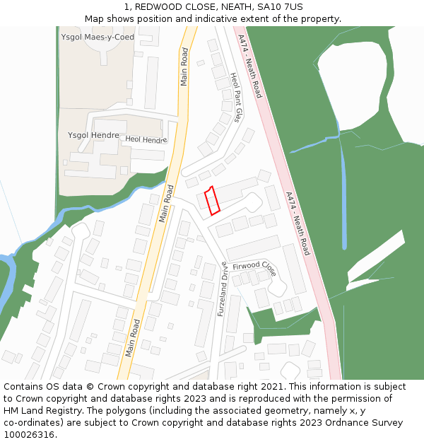 1, REDWOOD CLOSE, NEATH, SA10 7US: Location map and indicative extent of plot