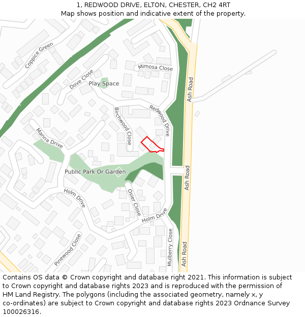 1, REDWOOD DRIVE, ELTON, CHESTER, CH2 4RT: Location map and indicative extent of plot
