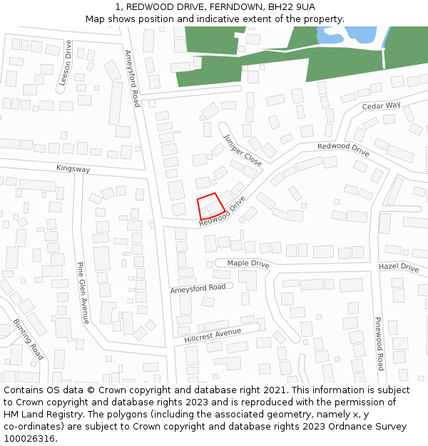 1, REDWOOD DRIVE, FERNDOWN, BH22 9UA: Location map and indicative extent of plot