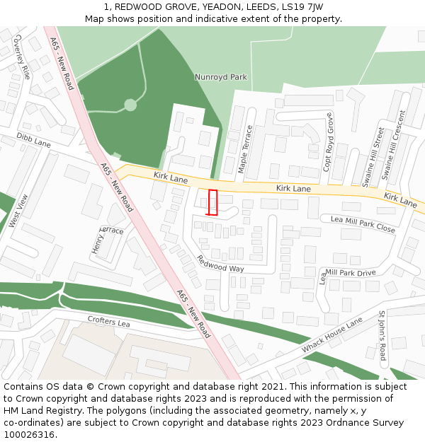 1, REDWOOD GROVE, YEADON, LEEDS, LS19 7JW: Location map and indicative extent of plot