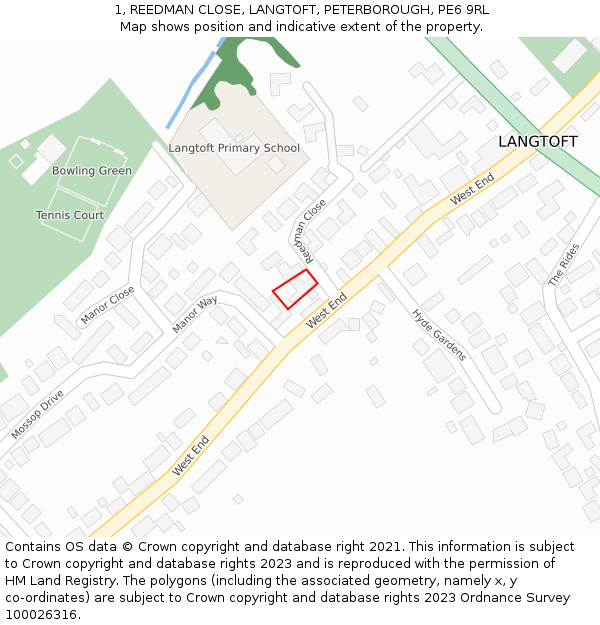 1, REEDMAN CLOSE, LANGTOFT, PETERBOROUGH, PE6 9RL: Location map and indicative extent of plot