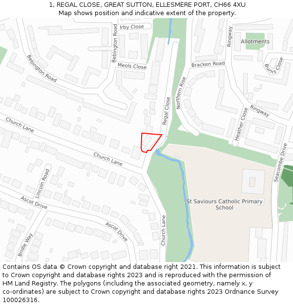 1, REGAL CLOSE, GREAT SUTTON, ELLESMERE PORT, CH66 4XU: Location map and indicative extent of plot