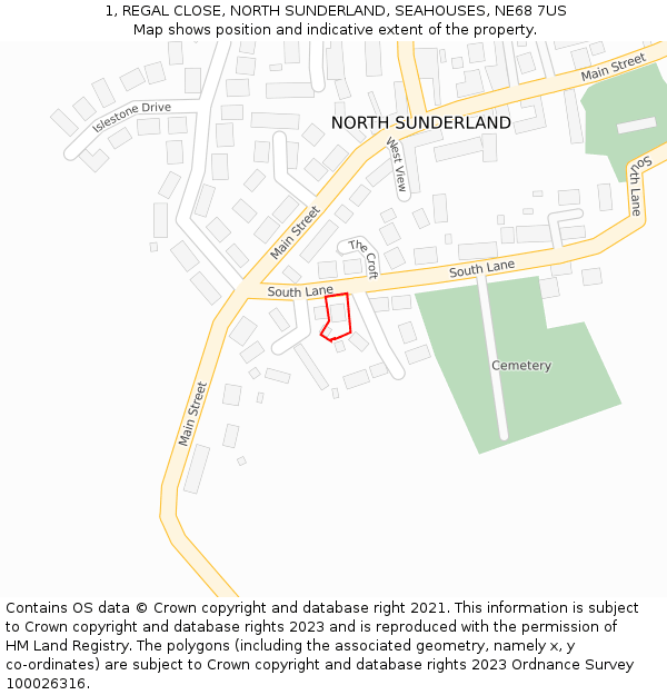 1, REGAL CLOSE, NORTH SUNDERLAND, SEAHOUSES, NE68 7US: Location map and indicative extent of plot