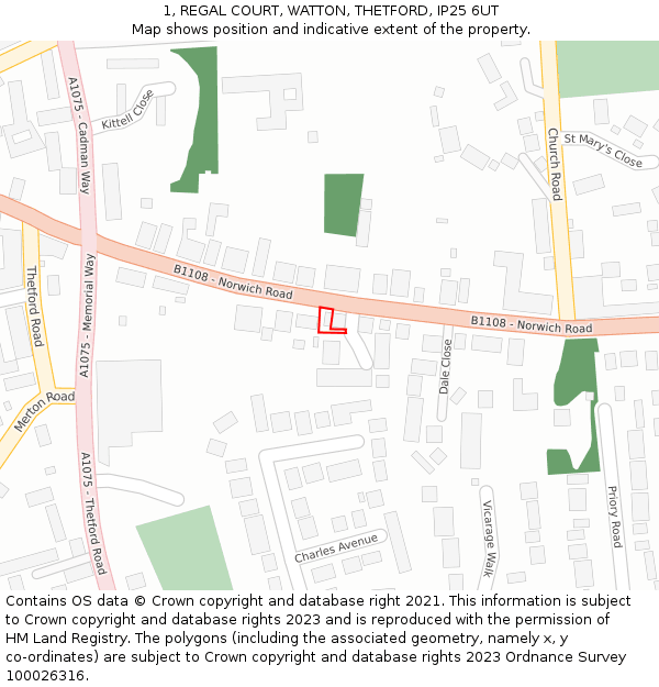 1, REGAL COURT, WATTON, THETFORD, IP25 6UT: Location map and indicative extent of plot