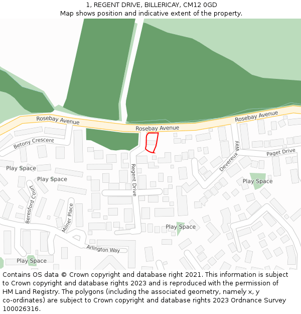 1, REGENT DRIVE, BILLERICAY, CM12 0GD: Location map and indicative extent of plot