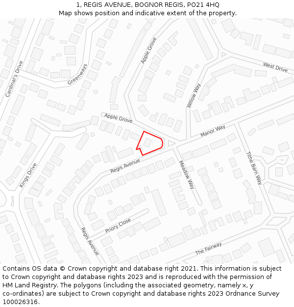 1, REGIS AVENUE, BOGNOR REGIS, PO21 4HQ: Location map and indicative extent of plot