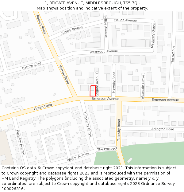 1, REIGATE AVENUE, MIDDLESBROUGH, TS5 7QU: Location map and indicative extent of plot