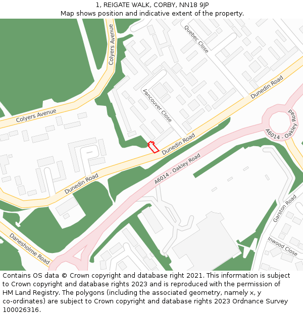 1, REIGATE WALK, CORBY, NN18 9JP: Location map and indicative extent of plot