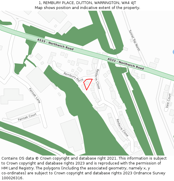 1, REMBURY PLACE, DUTTON, WARRINGTON, WA4 4JT: Location map and indicative extent of plot