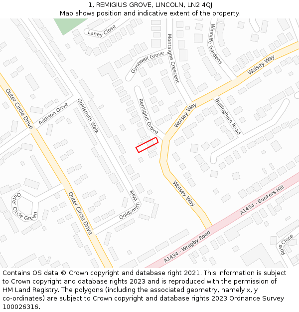 1, REMIGIUS GROVE, LINCOLN, LN2 4QJ: Location map and indicative extent of plot
