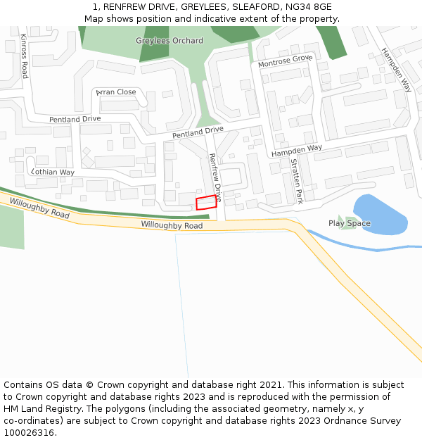 1, RENFREW DRIVE, GREYLEES, SLEAFORD, NG34 8GE: Location map and indicative extent of plot