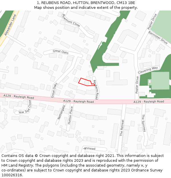 1, REUBENS ROAD, HUTTON, BRENTWOOD, CM13 1BE: Location map and indicative extent of plot
