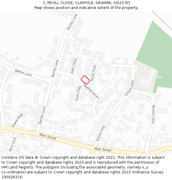 1, REVILL CLOSE, CLAYPOLE, NEWARK, NG23 5FJ: Location map and indicative extent of plot