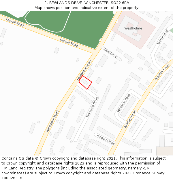 1, REWLANDS DRIVE, WINCHESTER, SO22 6PA: Location map and indicative extent of plot