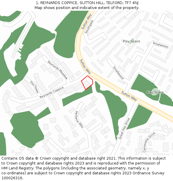 1, REYNARDS COPPICE, SUTTON HILL, TELFORD, TF7 4NJ: Location map and indicative extent of plot