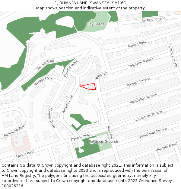1, RHIANFA LANE, SWANSEA, SA1 6DJ: Location map and indicative extent of plot