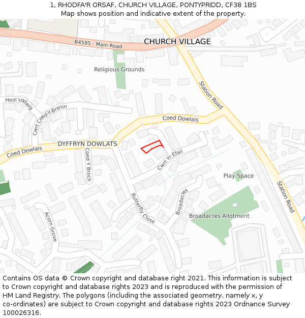 1, RHODFA'R ORSAF, CHURCH VILLAGE, PONTYPRIDD, CF38 1BS: Location map and indicative extent of plot