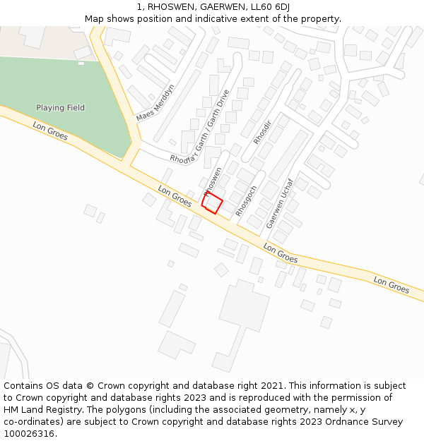 1, RHOSWEN, GAERWEN, LL60 6DJ: Location map and indicative extent of plot