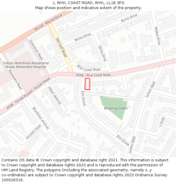 1, RHYL COAST ROAD, RHYL, LL18 3PG: Location map and indicative extent of plot