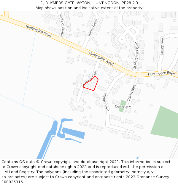 1, RHYMERS GATE, WYTON, HUNTINGDON, PE28 2JR: Location map and indicative extent of plot