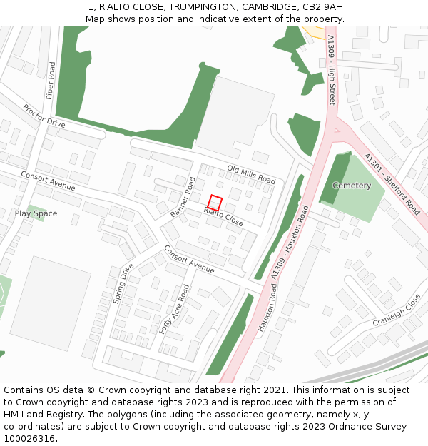 1, RIALTO CLOSE, TRUMPINGTON, CAMBRIDGE, CB2 9AH: Location map and indicative extent of plot