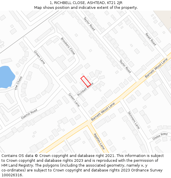 1, RICHBELL CLOSE, ASHTEAD, KT21 2JR: Location map and indicative extent of plot