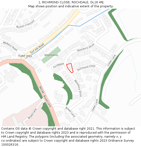 1, RICHMOND CLOSE, ROCHDALE, OL16 4RJ: Location map and indicative extent of plot