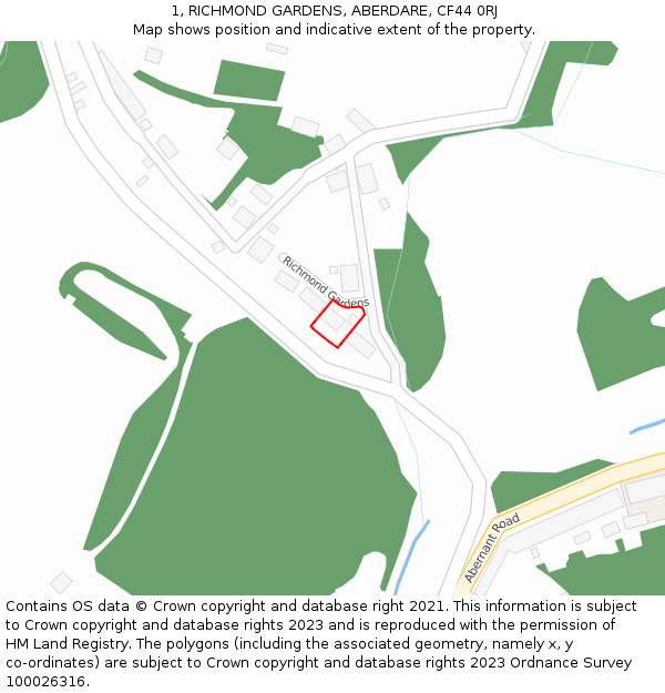 1, RICHMOND GARDENS, ABERDARE, CF44 0RJ: Location map and indicative extent of plot