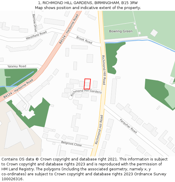 1, RICHMOND HILL GARDENS, BIRMINGHAM, B15 3RW: Location map and indicative extent of plot