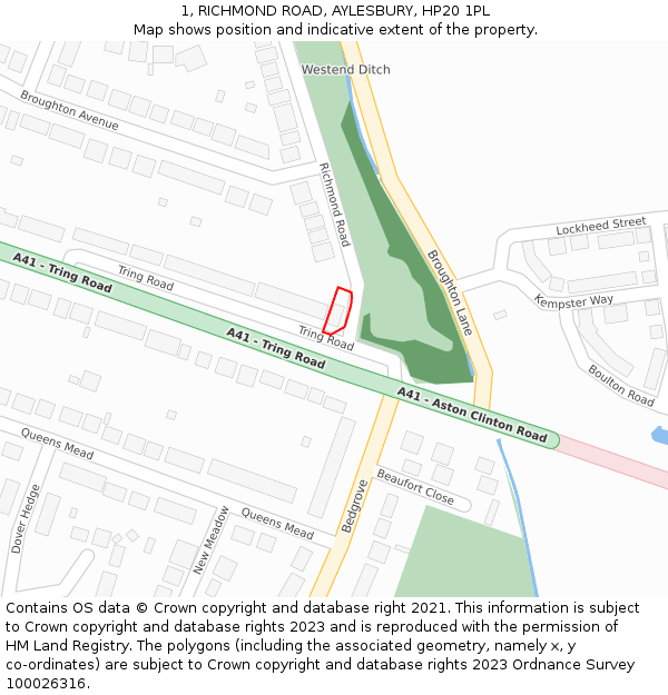 1, RICHMOND ROAD, AYLESBURY, HP20 1PL: Location map and indicative extent of plot