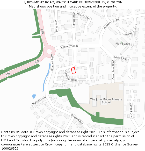 1, RICHMOND ROAD, WALTON CARDIFF, TEWKESBURY, GL20 7SN: Location map and indicative extent of plot