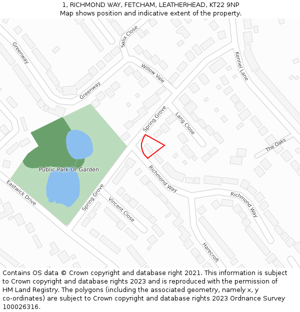 1, RICHMOND WAY, FETCHAM, LEATHERHEAD, KT22 9NP: Location map and indicative extent of plot
