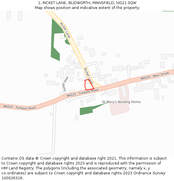 1, RICKET LANE, BLIDWORTH, MANSFIELD, NG21 0QW: Location map and indicative extent of plot