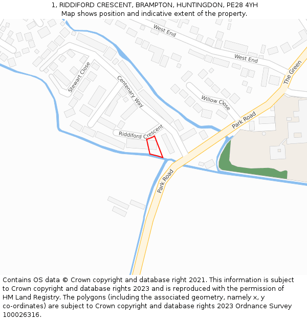 1, RIDDIFORD CRESCENT, BRAMPTON, HUNTINGDON, PE28 4YH: Location map and indicative extent of plot