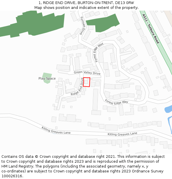 1, RIDGE END DRIVE, BURTON-ON-TRENT, DE13 0RW: Location map and indicative extent of plot