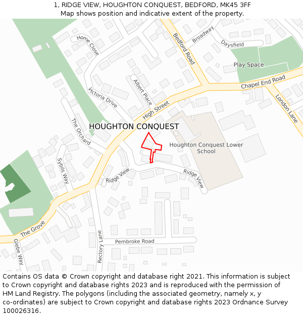 1, RIDGE VIEW, HOUGHTON CONQUEST, BEDFORD, MK45 3FF: Location map and indicative extent of plot