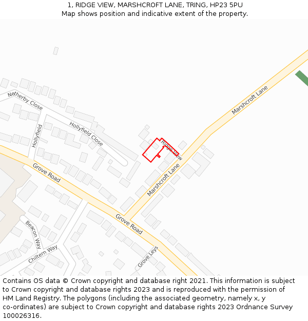 1, RIDGE VIEW, MARSHCROFT LANE, TRING, HP23 5PU: Location map and indicative extent of plot