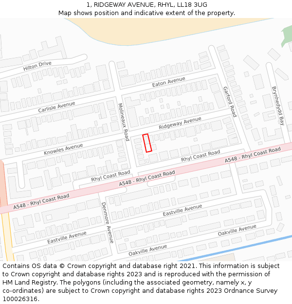 1, RIDGEWAY AVENUE, RHYL, LL18 3UG: Location map and indicative extent of plot